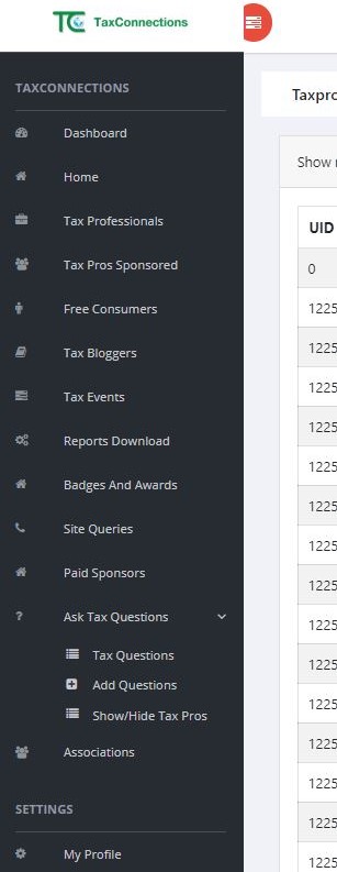 admin dashboard menu